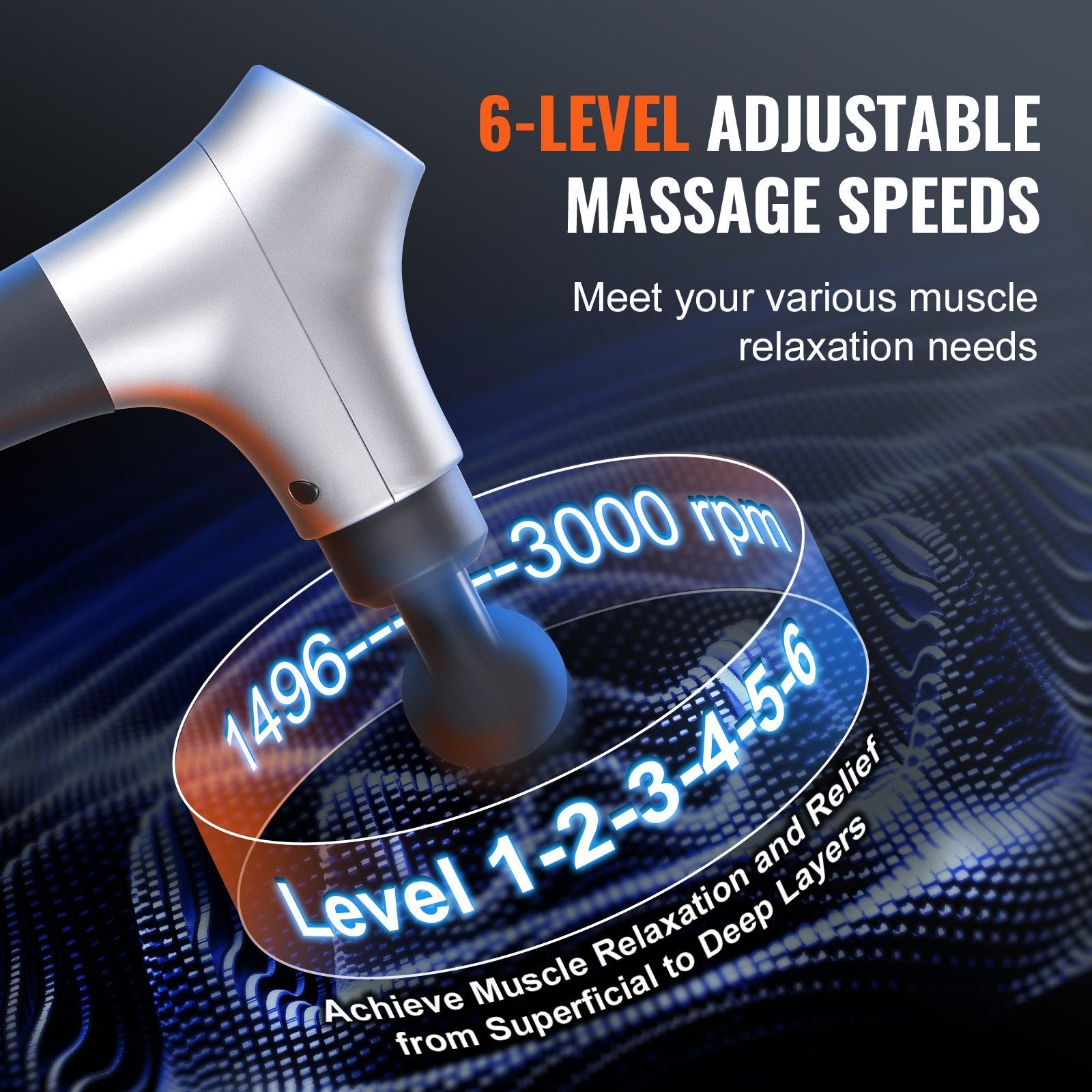 VEVOR Massage Gun Deep Tissue, Percussion Muscle Massager For Athletes - With 6 Speed Levels & 4 Massage Heads, 12V 2500mAh Batteries, Handheld Electric Massage Gun For Pain Relief, Muscle Relaxation - Relief For Body