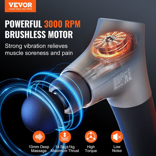 VEVOR Massage Gun Deep Tissue, Percussion Muscle Massager For Athletes - With 6 Speed Levels & 4 Massage Heads, 12V 2500mAh Batteries, Handheld Electric Massage Gun For Pain Relief, Muscle Relaxation - Relief For Body