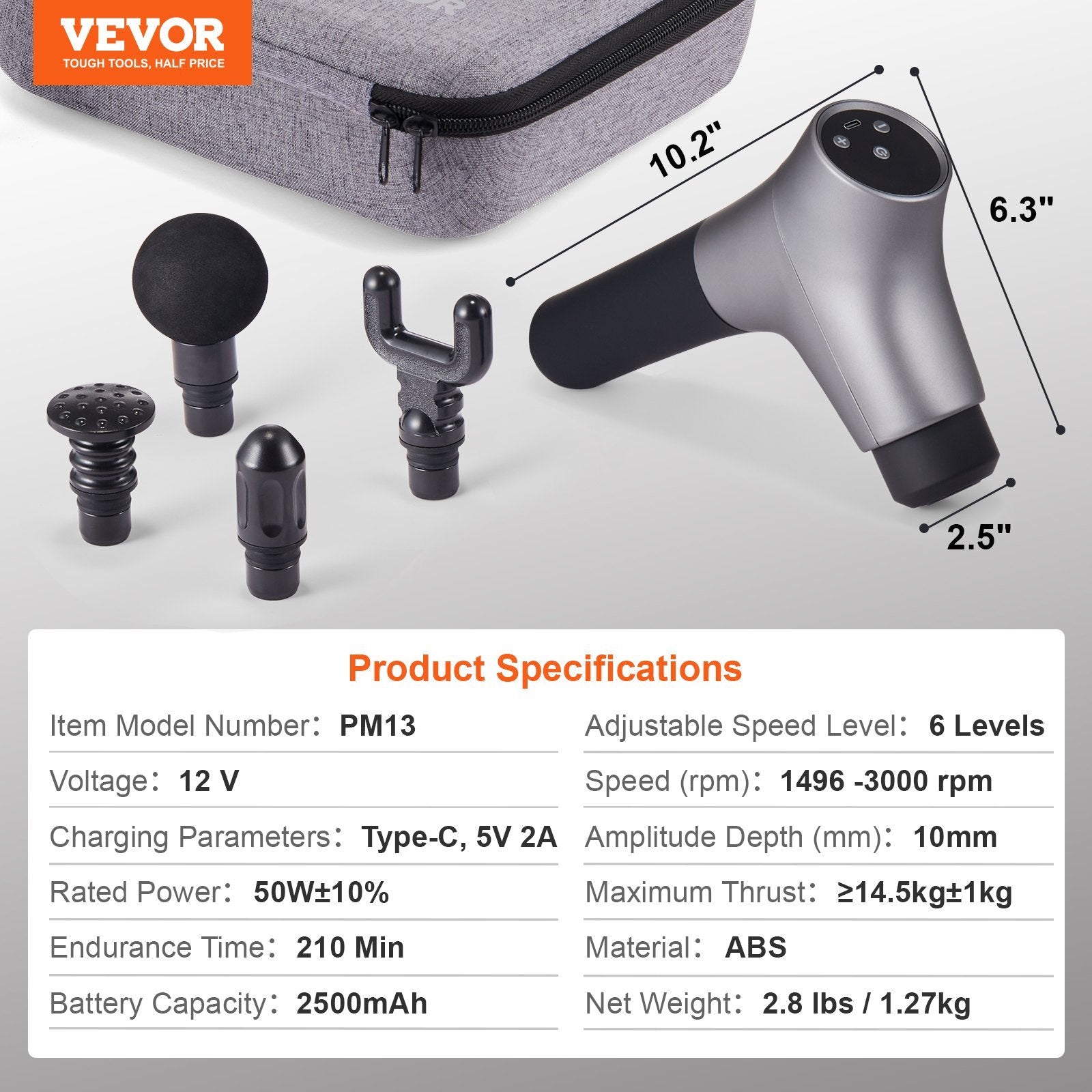 VEVOR Massage Gun Deep Tissue, Percussion Muscle Massager For Athletes - With 6 Speed Levels & 4 Massage Heads, 12V 2500mAh Batteries, Handheld Electric Massage Gun For Pain Relief, Muscle Relaxation - Relief For Body